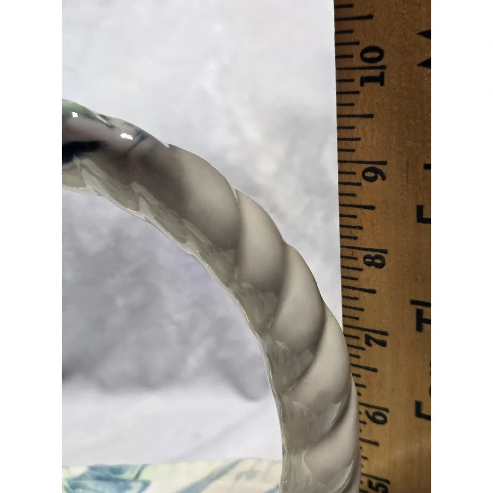 Vintage Signed Ceramic Marbled Blue Green Swirl Woven Basket Twisted Handle